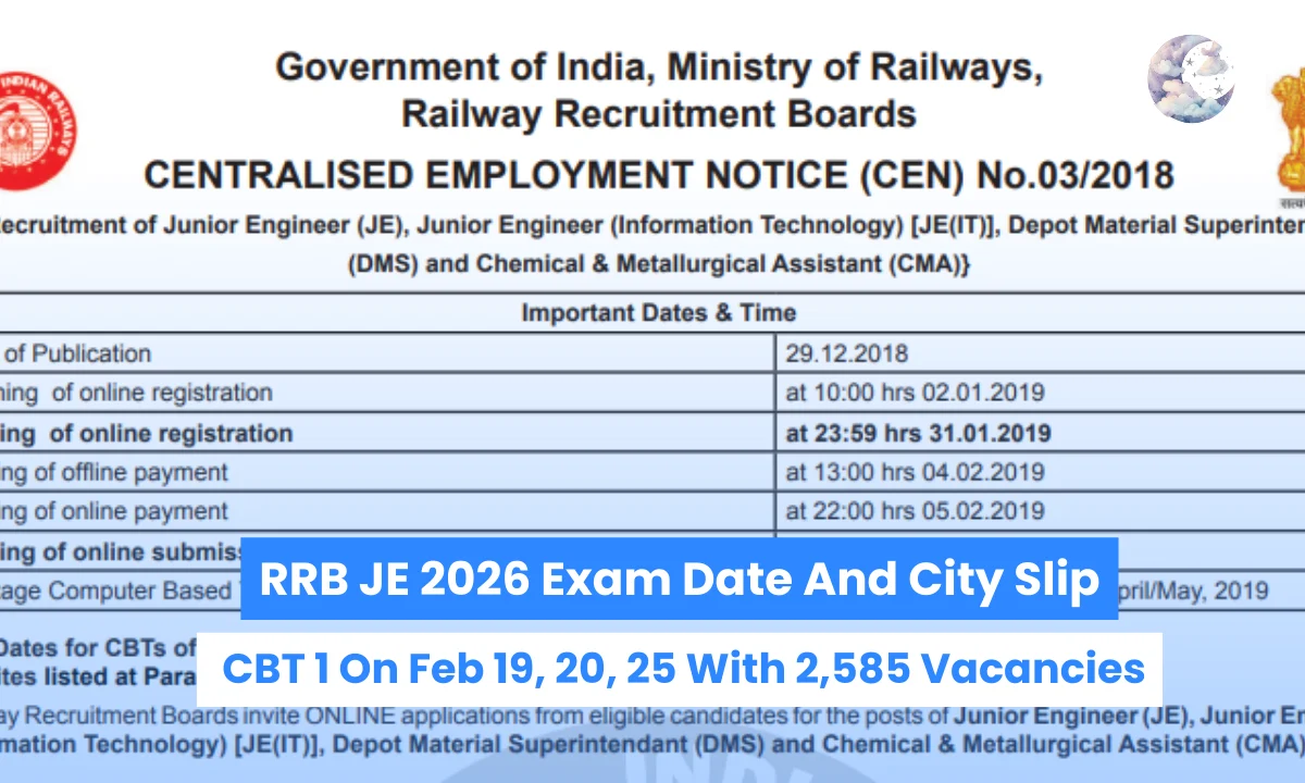 RRB JE 2026 Exam Date And City Slip: CBT 1 On Feb 19, 20, 25 With 2,585 Vacancies
